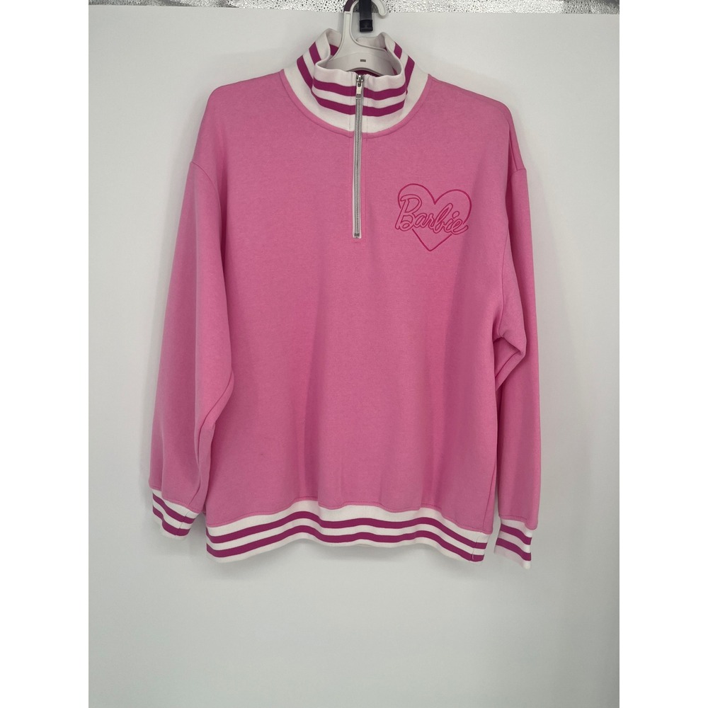 Barbie 1/4 Zip Sweatshirt Embroidered Heart Pullover Women XL Pink Y2K Retro